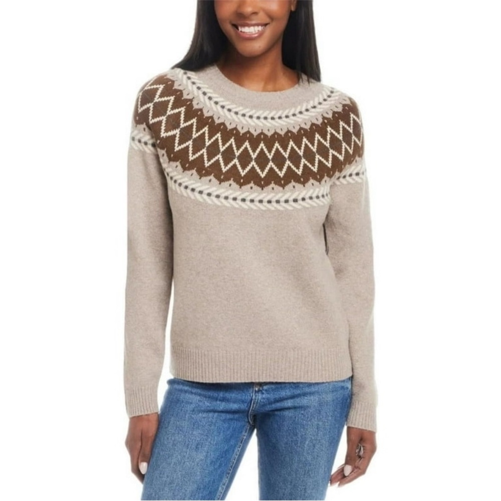 New! Women's Brown and Tan Original Weatherproof Vintage Fairisle Sweater Sz L